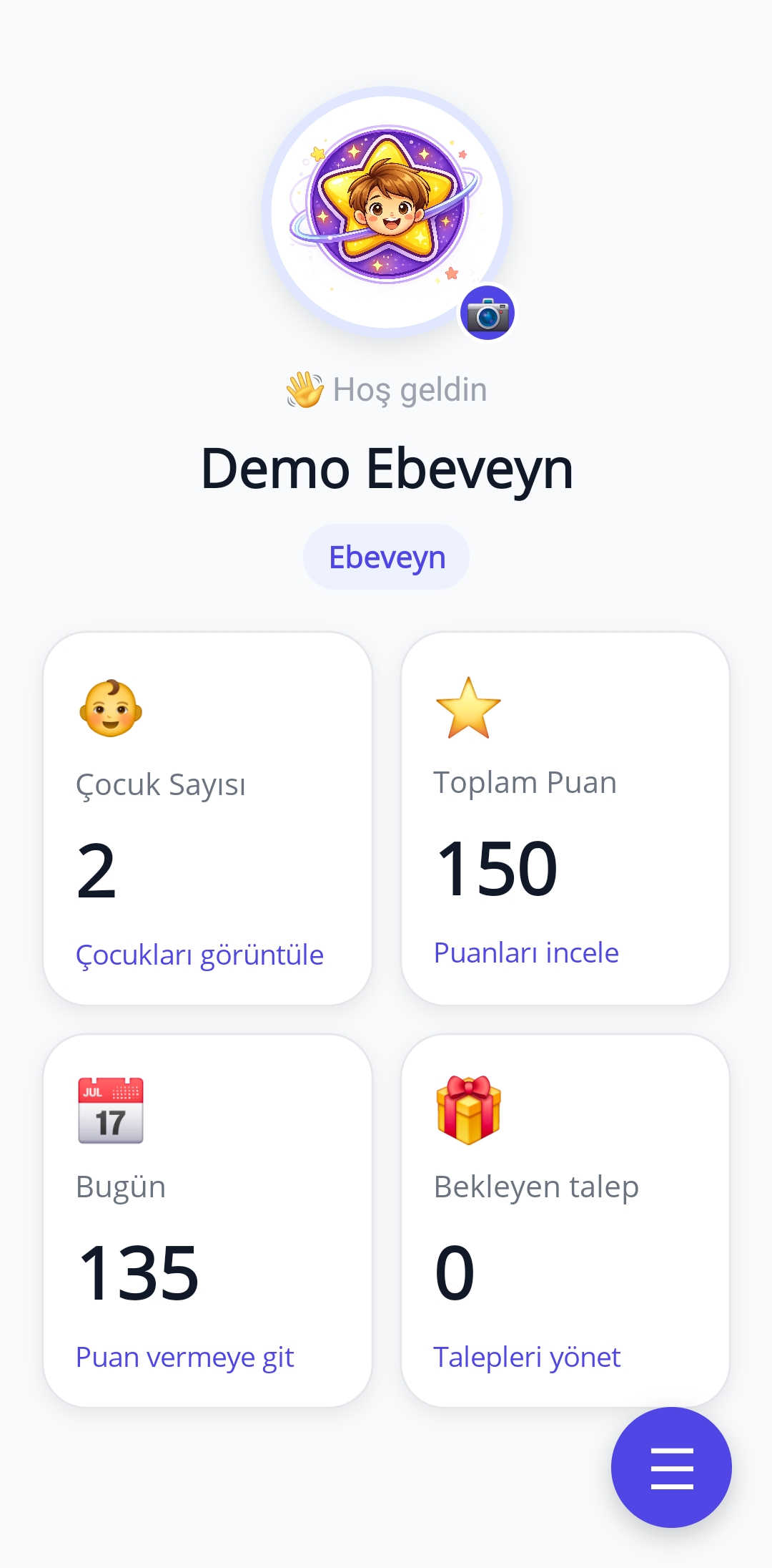 KidsPoint demo ebeveyn panelinde çocuk sayısı, toplam puan ve bekleyen talepler
