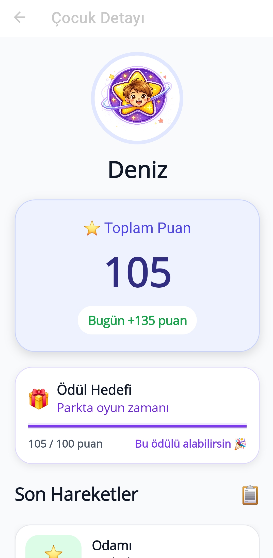 KidsPoint çocuk detayında toplam puan, günlük kazanım ve parkta oyun ödül hedefi