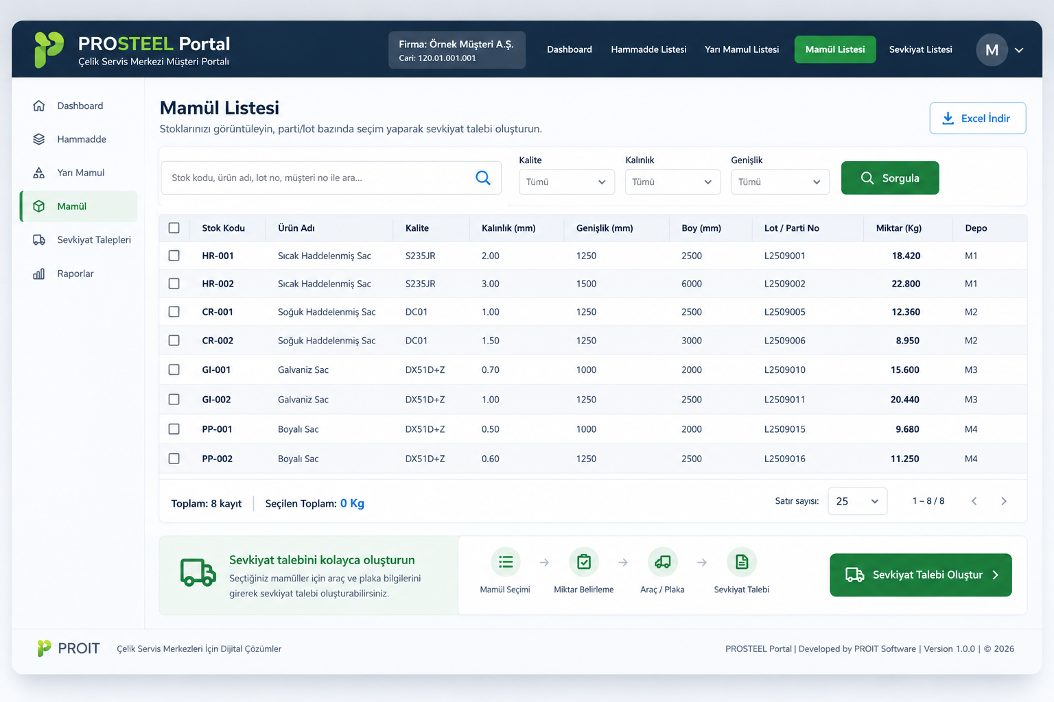PROSTEEL Portal Mamül Listesi ve Sevkiyat Talebi Ekranı